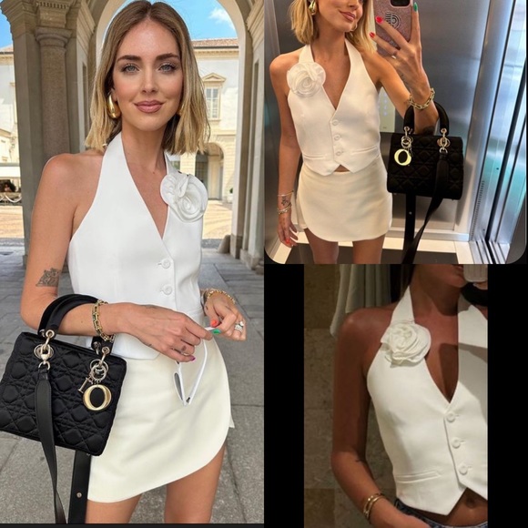 Tops - Open back rosette 3D flower rose detail halter neck button front vest